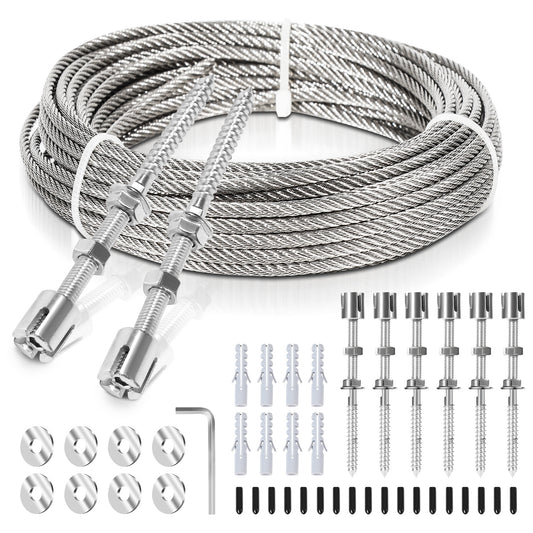 Jopassy Rankhilfe aus Edelstahl für Kletterpflanzen, Rankhilfe, Profi-System als Komplettset mit 12M 3mm 304 Edelstahl Drahtseil für Kletterpflanzen,Seilspanner,Wäscheleine(8 Halter, 12m Seil)