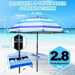 Jopassy Strandschirm Strand Ø 213cm, Sonnenschirm mit Tisch&Haken & Tragetasche, Neigungswinkel und Höhe verstellbar