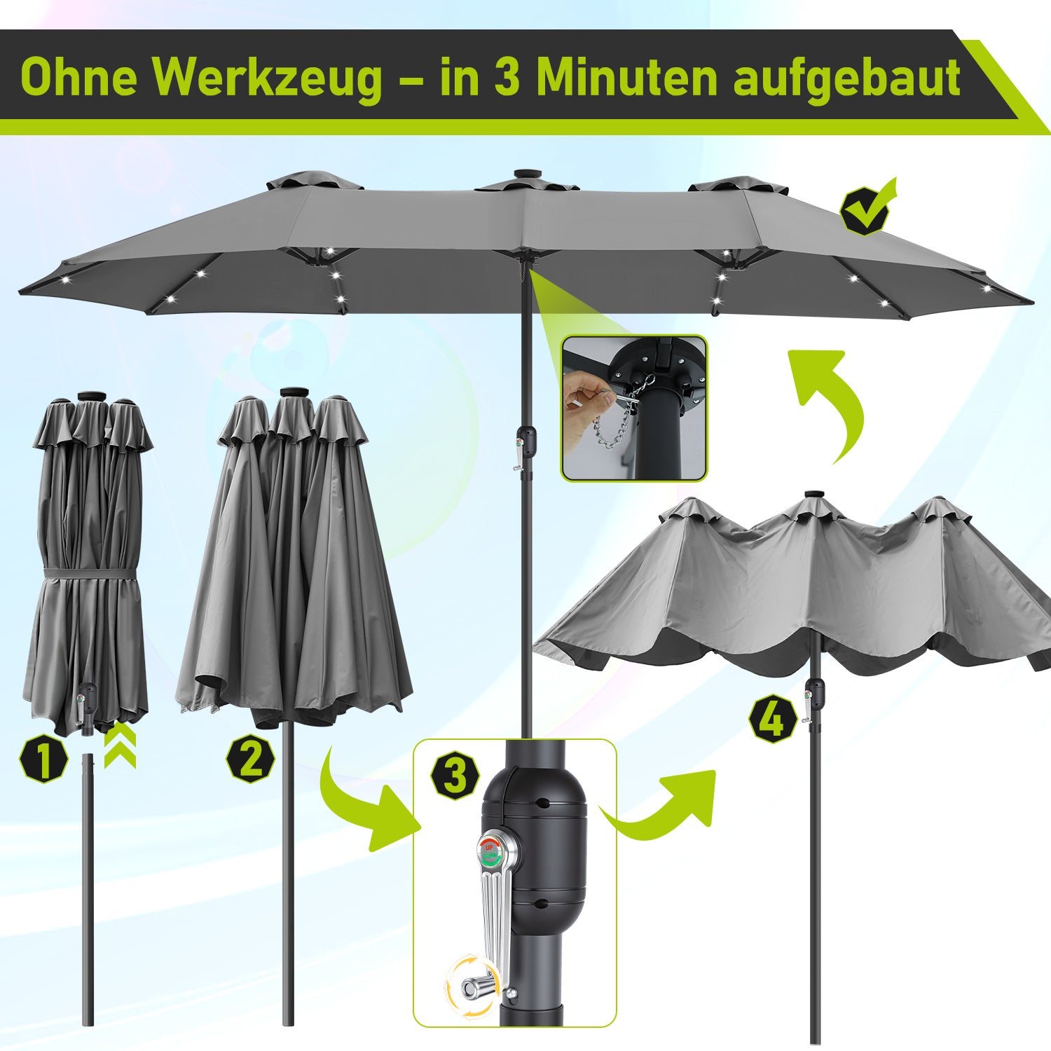 Jopassy Sonnenschirm mit Kurbel, Gartenschirm, mit LED Solar, ohne Ständer