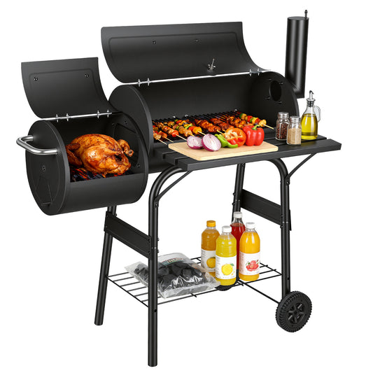 Jopassy Holzkohlegrill mit zwei Kammern, Thermometer und Ablage, mobiler Gartengrillwagen, geeignet für indirektes Grillen und Räuchern, schwarz