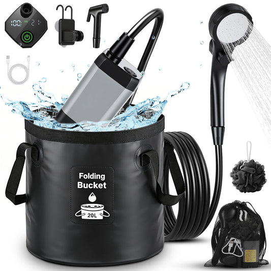 Jopassy Campingdusche Tragbare mit 6000mAh Wiederaufladbar Pumpe, Camping Dusche mit 20L Falteimer und Zubehör für Outdoor , Garten, Haustier